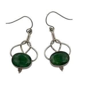 Vintage Sterling Silver Green Simulated Emerald Gemstone Industrial Drop Earring